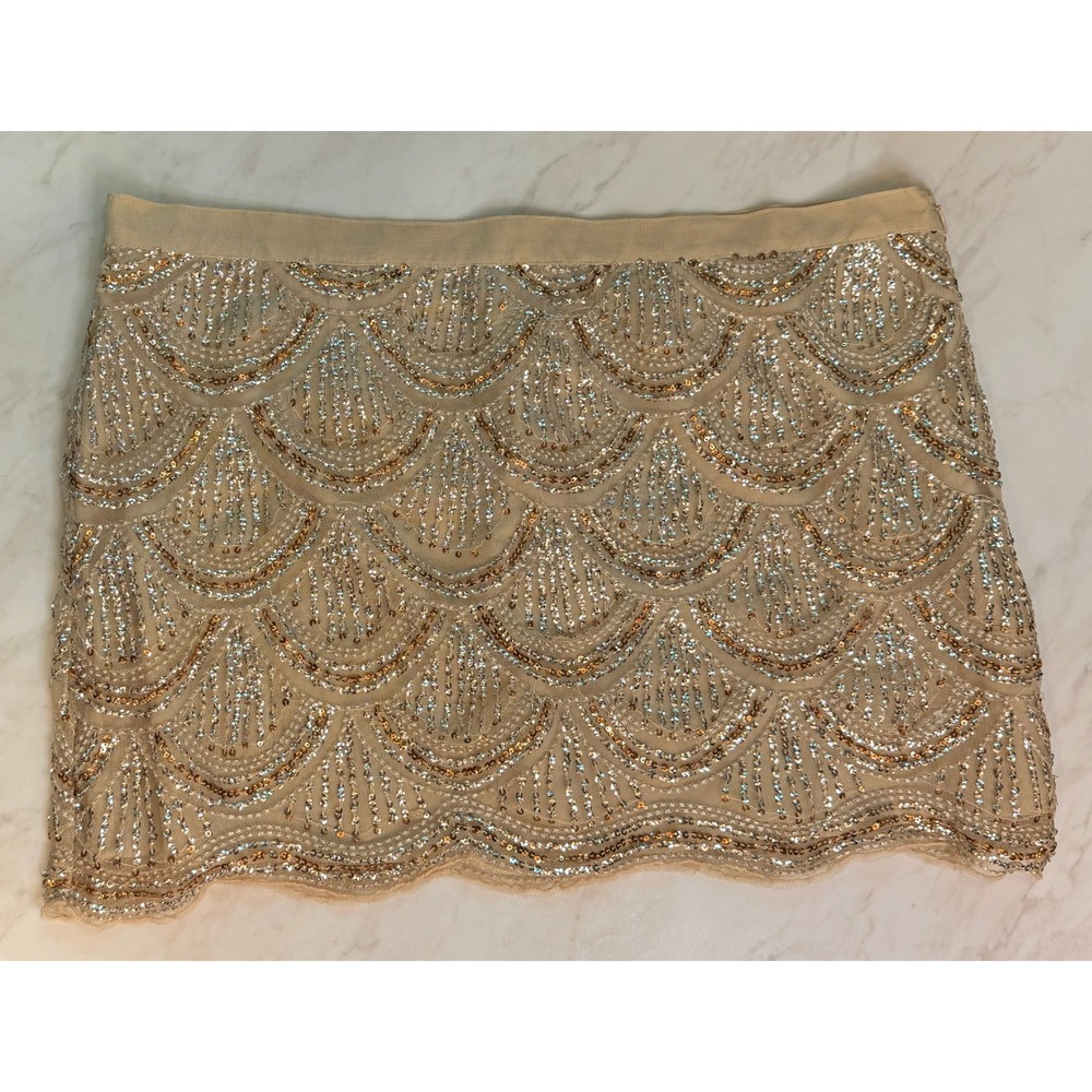 Gudi Champagne Silver Sequin Mini Skirt Scalloped Holiday Party Cocktail Size 14